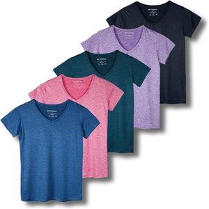 5 Pack: Women's Short Sleeve V-Neck Activewear T-Shirt Dry-Fit Wicking Yoga Top